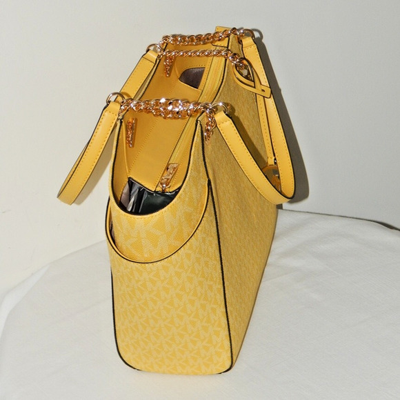 MICHAEL KORS Jet Set Travel Daisy Yellow Monogram LG Chain Shoulder Tote Bag NWT - Picture 7 of 13
